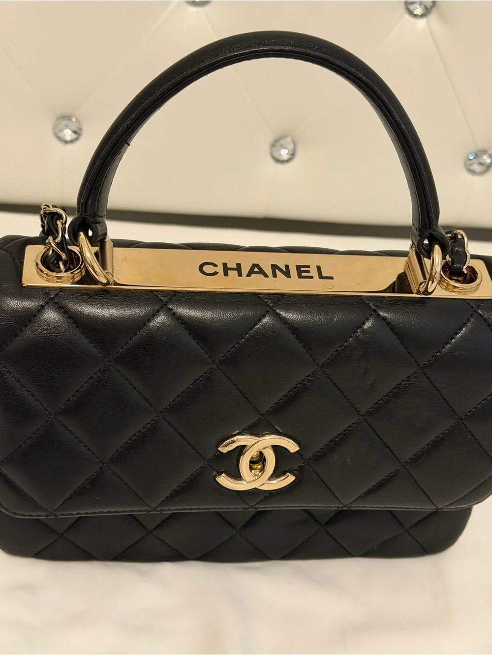 CHANEL Black Quilted Leather Top Handle Satchel with Gold Hardware